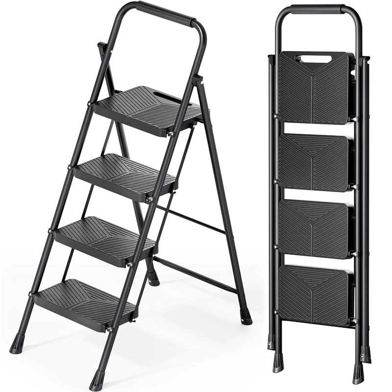 KINGRACK Folding 4 Step Ladder, Portable Ladder for Multi-Purpose, Home, Kitchen, Heavy Sturdy Steel Step Stool with Anti-Slip Wide Pedals, Handrail, Safe-Lock Design, Pass 500lbs Load Testing, Black