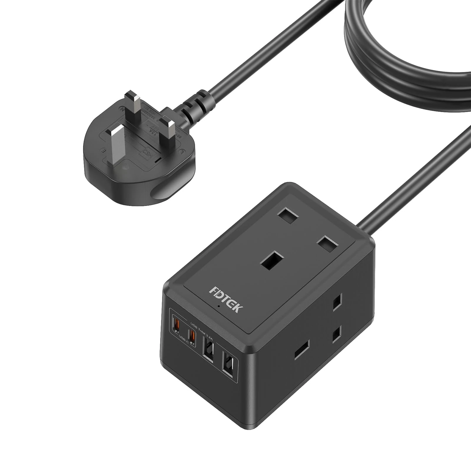 Extension Lead 3M with USB Slots, 3 Way Cube Extension Socket with 2 USB C and 2 USB A Slots, Small Wall Mountable Power Strip with 3 Metre Extension Cable for Travel Home Office-Black