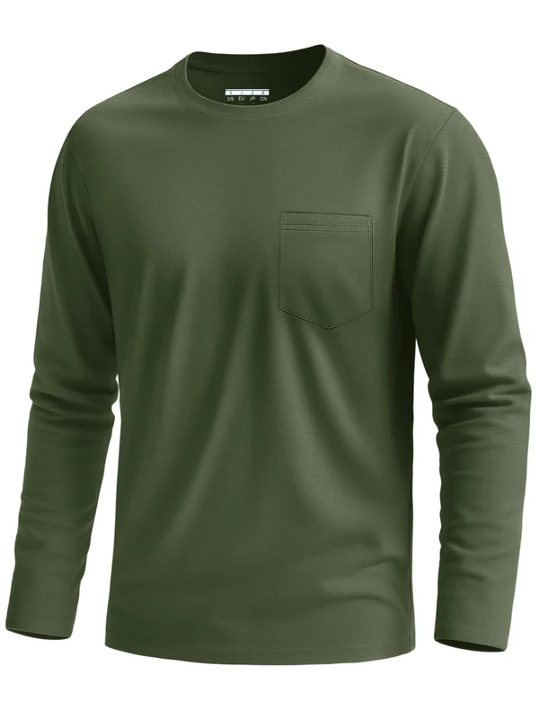 KEFITEVD Mens Plain T Shirt Comfortable Casual Undershirt Cotton Crew Neck Tops with Pocket Spring Army Green 3XL