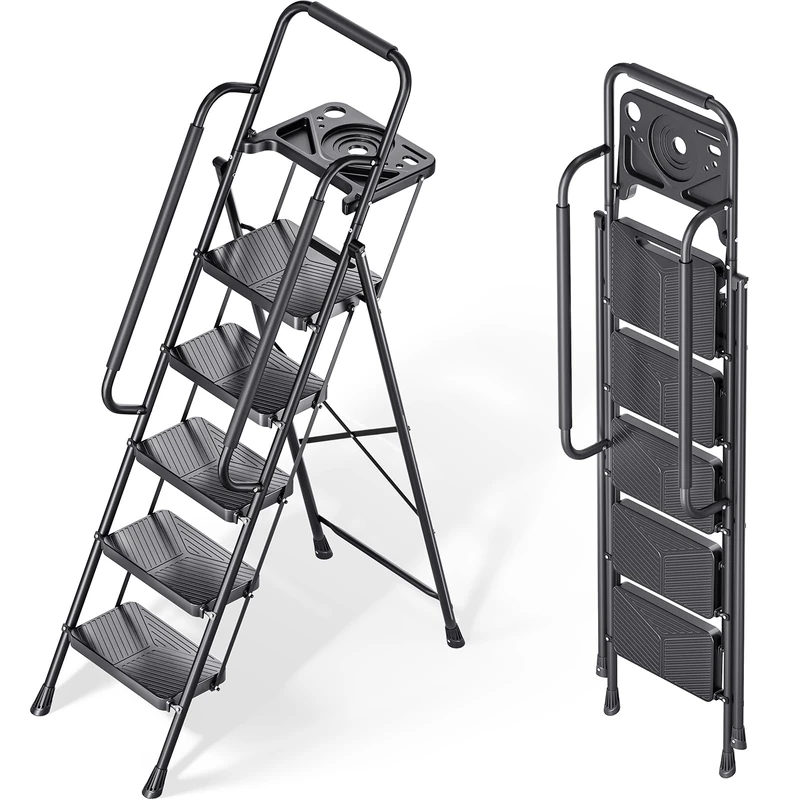 KINGRACK 5 Step Ladder, Folding Steel Step Ladder with Tool Tray, Handrail, Anti-Slip Wide Pedals, Safe Lock Design, Heavy Duty 226kg Load, Portable Ladder for Home, Outdoor, and Garage, Black