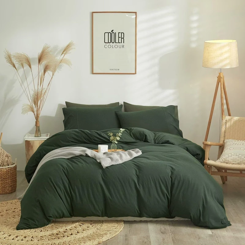 MKXI Olive Green Duvet Cover Queen Cotton T-Shirt Bedding Set Forest Look Jersey Duvet Comforter Cover with Zipper Breathable Soft Dorm Bedding Duvet Cover Set for Students