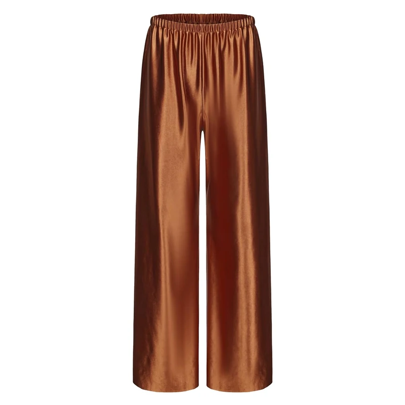Women Satin Wide Leg Dress Pants Silk Casual Dressy Long Flowy Pants Elastic High Waisted Trousers, Chocolate Brown, Large