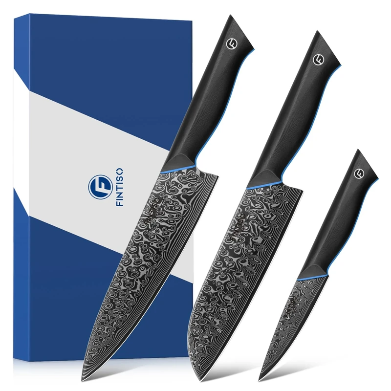 FINTISO 3-Piece Damascus Kitchen Knife Set, Chef Knife Sets Forged of 67-Layer Japanese Damascus Steel, Japanese Knives Set with Full Tang G10 Handle, Gift Box Included - Zeus Series