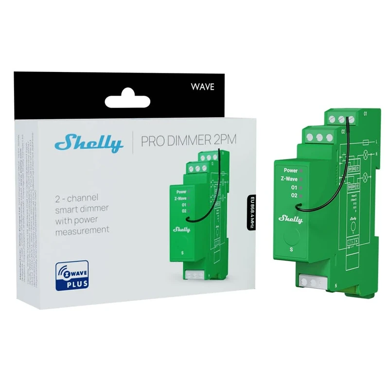 Shelly Wave Pro Dimmer 2PM, 2-Channel Smart Dimmer, 200W per Channel, Power Metering, Z-Wave Gateway Required, Home Automation, DIN rail, Lights Dimming, Remote Control, SmartStart