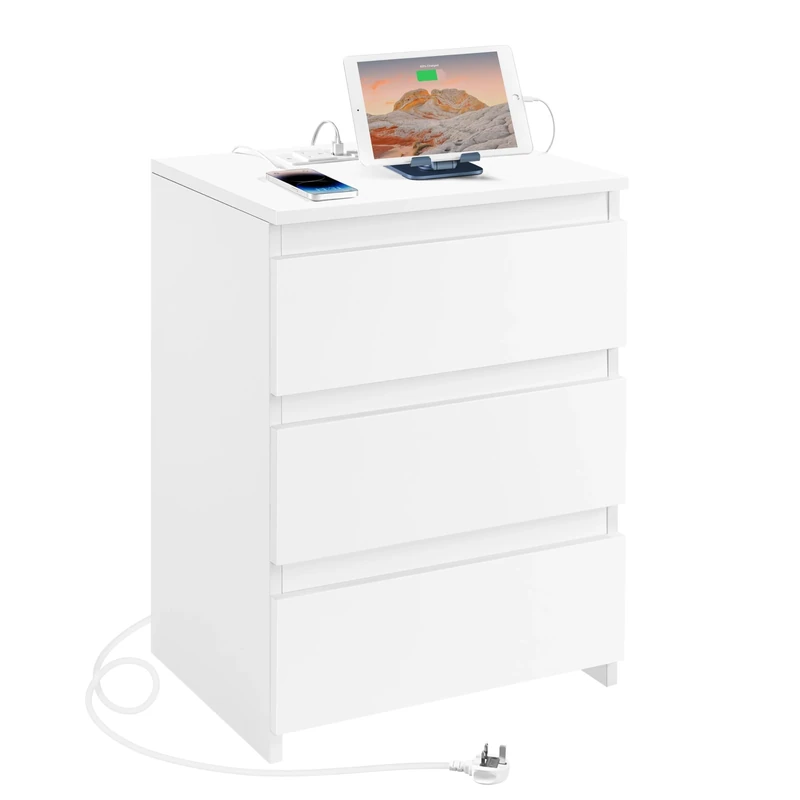 Yaheetech Bedside Table with Charging Station - Nightstand with 2 USB Ports, 2 Outlets & 3 Drawers, End Table for Bedroom, Living Room, Small Spaces, White