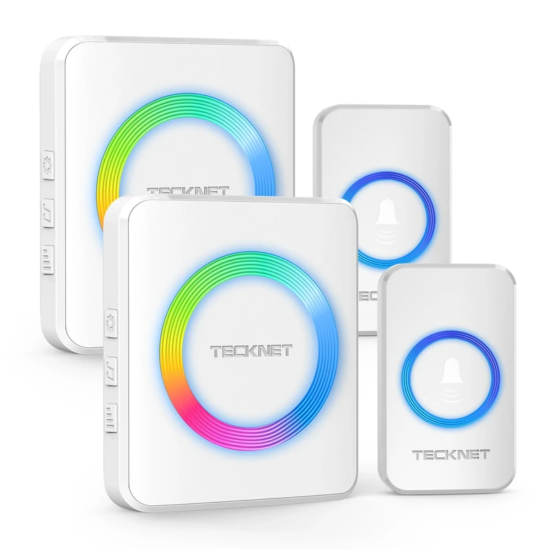 TECKNET Wireless Doorbell with 2 Receivers 2 Push Buttons, IP65 Waterproof Twin Door Bells Wireless Cordless with RGB Flash,400M/1300ft Long Range Plug in Door Bell with 5 Volume Levels & 60 Chimes