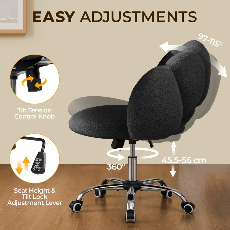 Yaheetech Boucle Upholstered Desk Makeup Vanity Chair with Wheels Swivel Cloud-shaped Accent Chair with Adjustable Height for Home Office Living Room, Bedroom Women Black