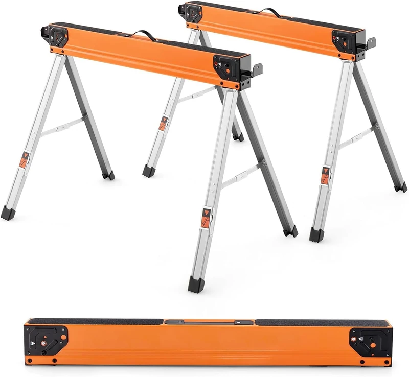 FANTASK Set of 2 Folding Sawhorses, Portable Work Trestles, Robust Metal Saw Aids, Scaffolding Trestle for Woodworking, Sawhorse with Handle Maximum Load 500 kg