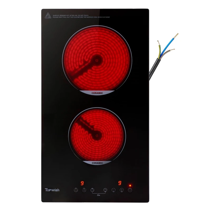 Ceramic Hob 2 ring, 2 ring electric hob, plug in ceramic hob 30cm, 2 hob electric hob with Child Lock, Touch Control, Residual Heat Indicator, Power Cord, no Plug, 3000W, Topwish