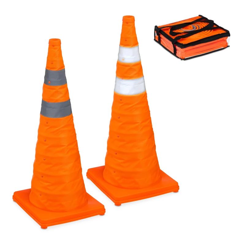 Relaxdays Set of 2 Traffic Cones, Collapsible, with Reflector Strips, Folding Markers with Bag, 70 x 29 x 29 cm, Orange, Polyester