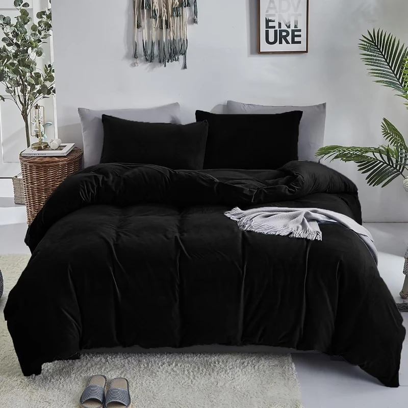 KAREVER Black Velvet Comforter Set Full Flannel Black Velvet Bedding Comforter Set 3 PCs Warm Soft Solid Black Full Flannel Comforter Winter Blanket Set