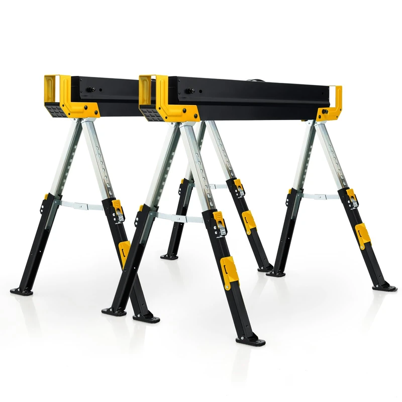 FANTASK Set of 2 Work Trestles, Height-Adjustable up to 1180 kg Load Capacity with Handle, Folding Sawhorse, Non-Slip PVC Top, Yellow and Black, Portable Axle Stand