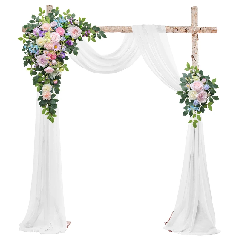 Odouzy Wedding Arch Flowers Kit,Artificial Flower Arch Decor (Set of 3),2pcs Artificial Flower Arrangement with 1pc Sheer Drape for Wedding Decor Reception Backdrop Floral Decorations (Bluish Pink)