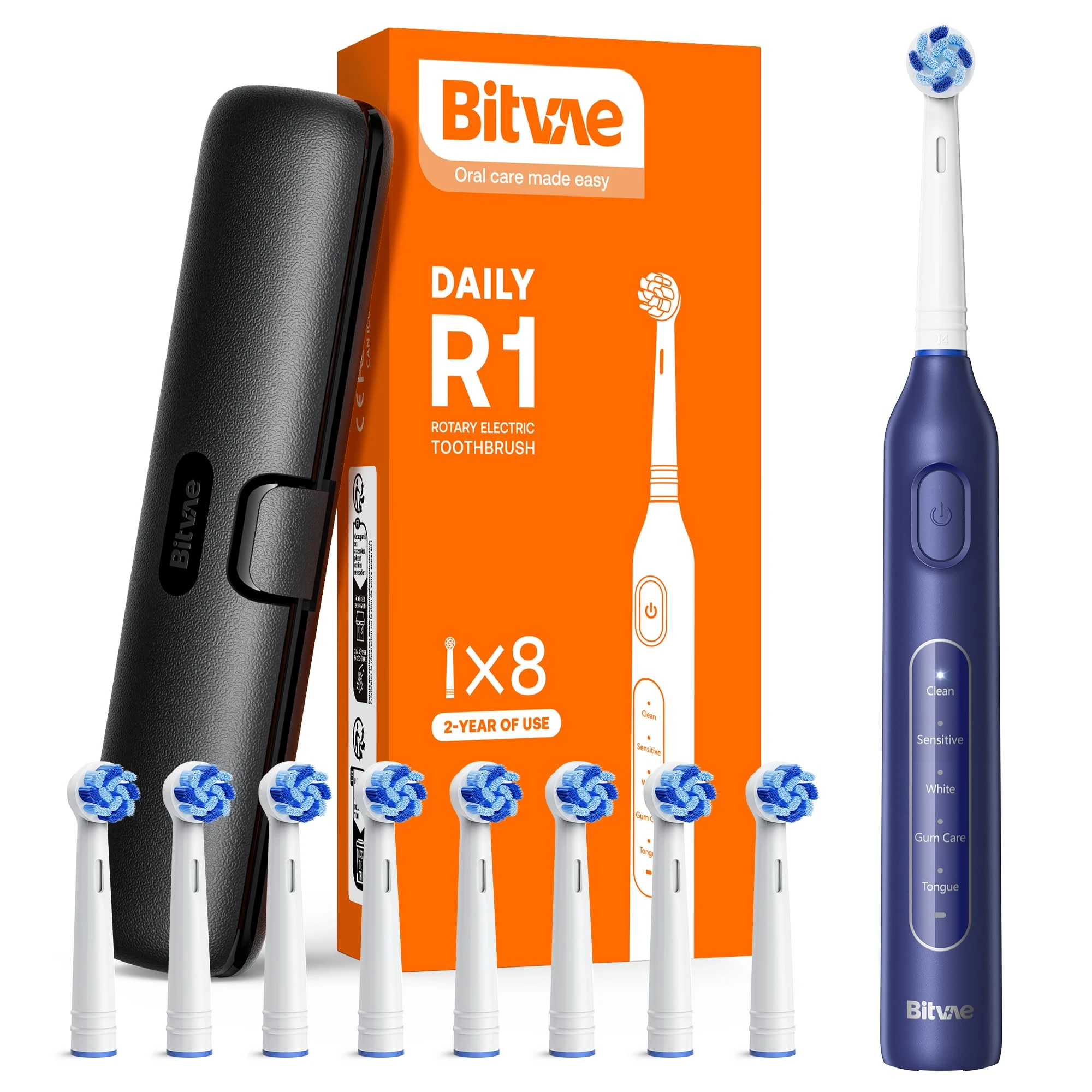 Bitvae Rotating Electric Toothbrush with 8 Brush Heads for Adults and Kids, Travel Case, 5 Modes Rechargeable Power Toothbrush with 2-Minute Smart Timer, 60-Day Battery Life, Dark Blue