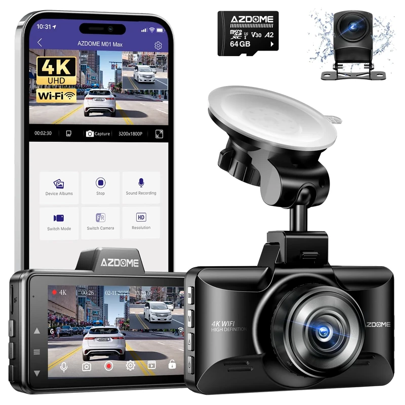 AZDOME Dash Cam Front and Rear 4K+1080P, WiFi Dashcam with 64GB SD Card, 3” IPS Screen Dash Camera for Cars, ADAS, Super Night Vision, 24H Parking Mode, G-Sensor, Loop Recording Car Camera