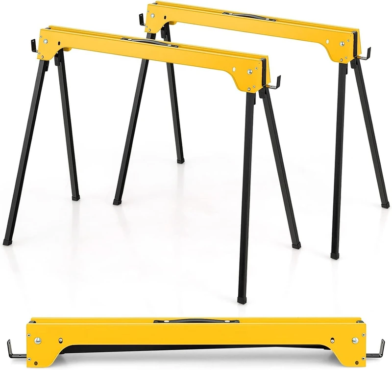 FANTASK 2 x Scaffolding Trestles with Handle, Folding Trestle in Yellow, Work Trestles, Axle Stand, Sawhorses, Support Stand, Saw Aid, Work Trestle, Metal up to 600 kg