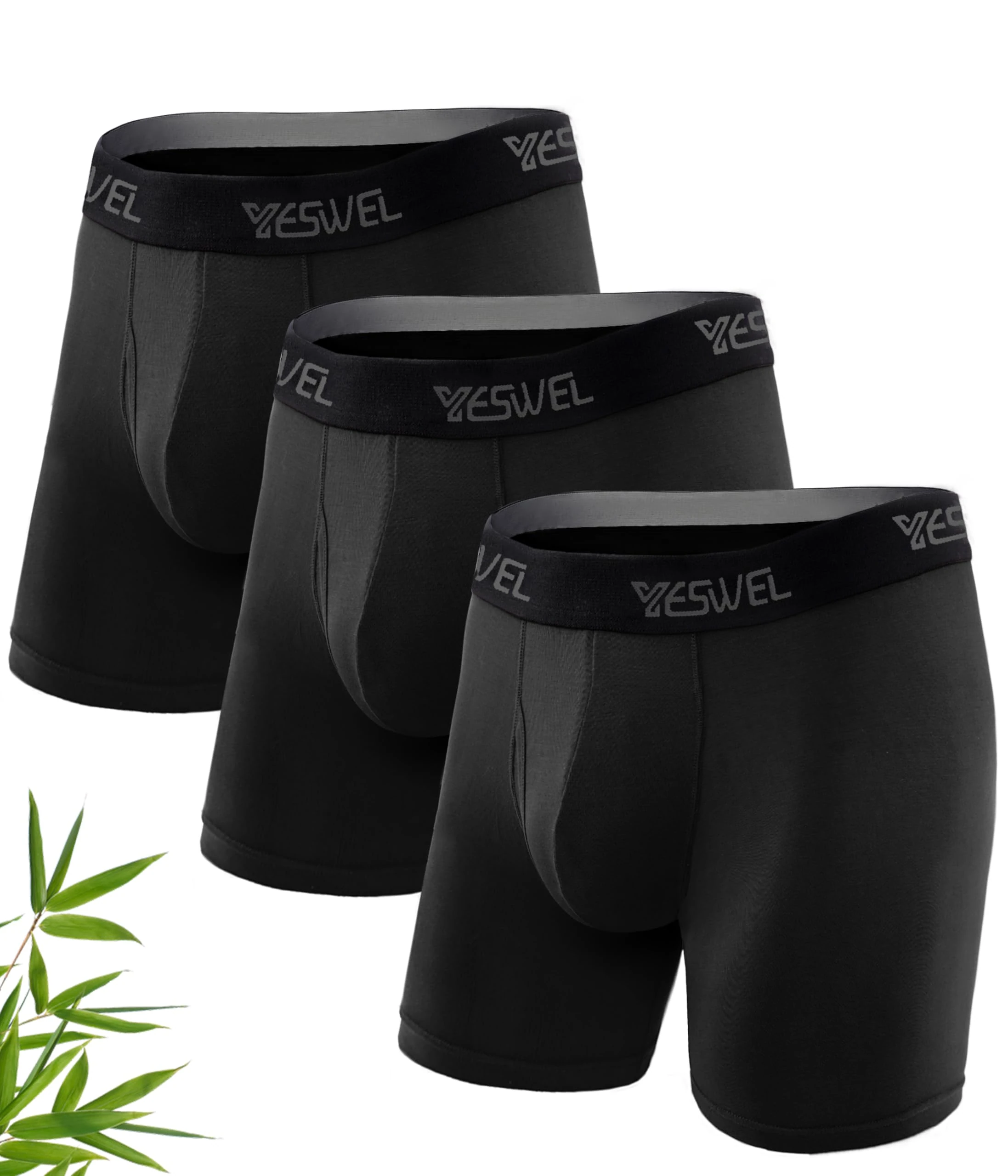 YESWEL Mens Boxers L, Longer Leg Bamboo Boxer Shorts with Fly, Anti - Chafing Underwear Trunks, No Itchy Labels Underpants Pack of 3 Black