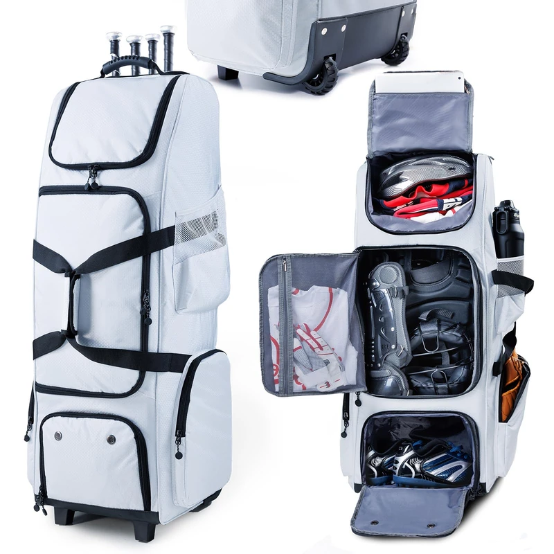 VIGEGARI Rolling Baseball Bag with Wheels, Seperate Shoe Compartment and Fence Hook - Large Softball Bag for T-Ball - Team Equipment Duffle Bag - Catcher Gear Bag for Boys 8-12, Youth, Adults