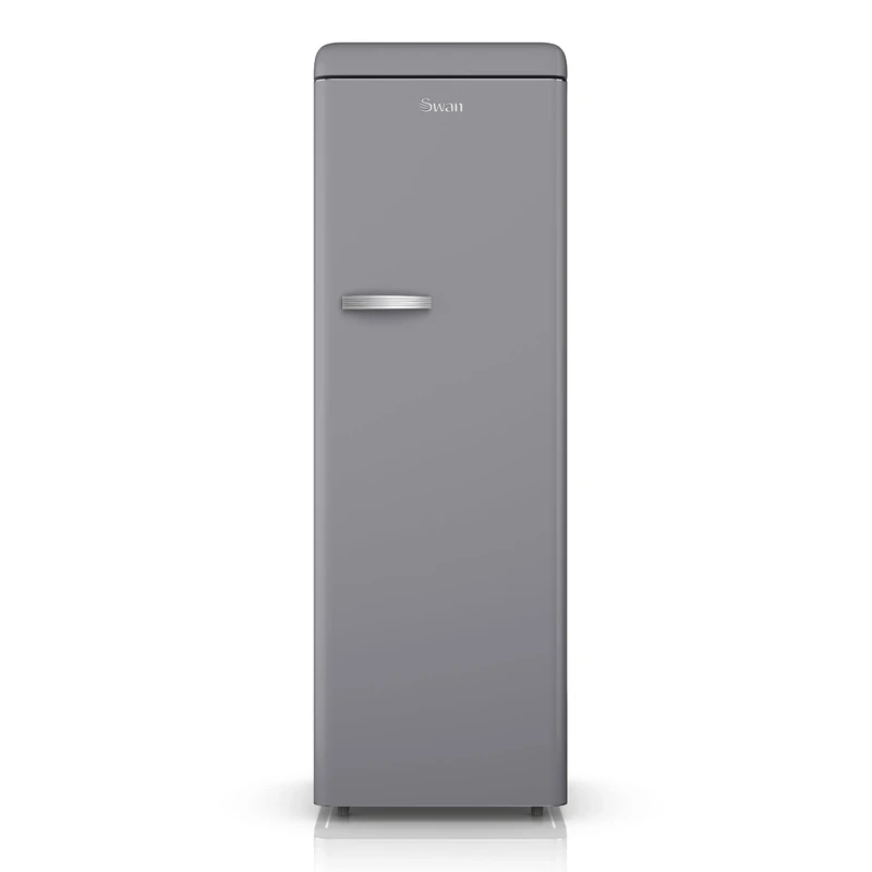 SWAN SR11050GRNE Retro Tall Larder Fridge with 337L Capacity, 5 Glass Fridge Shelves, 1 Chrome Wine Rack, 6 Door Shelves, 1 Salad Crisper, Energy Class E, Grey