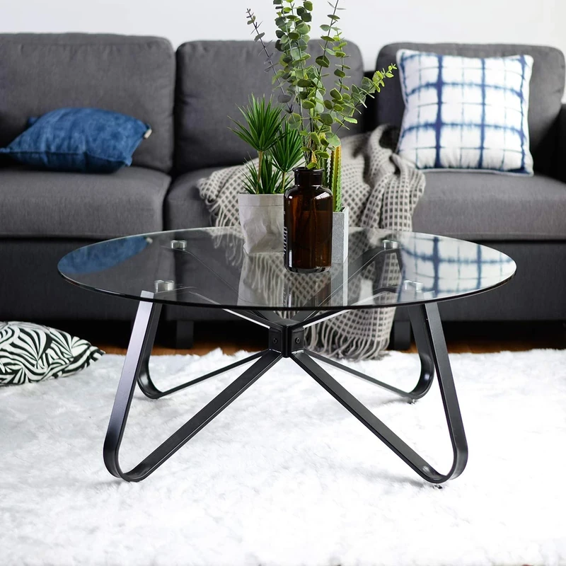 FurnitureR 80cm Diameter Modern Round Glass Living Room End Table with Flower Black Metal Base, Sleek and Durable Design