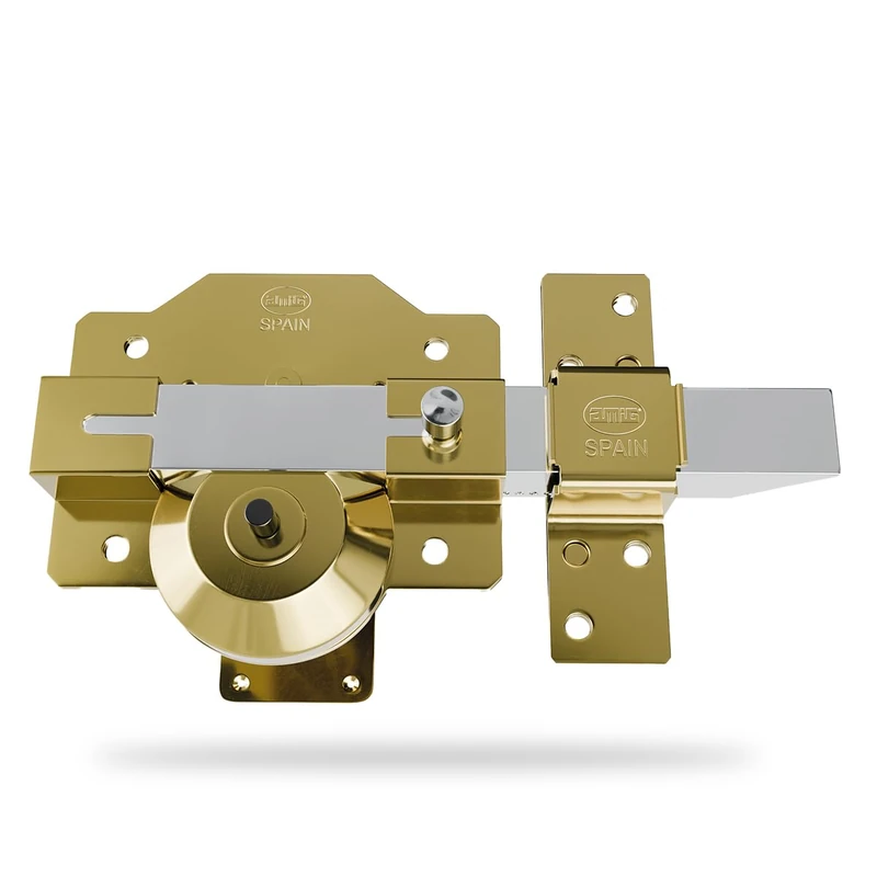 Amig - High-Security Surface Deadbolt with Latch | Cylinder 50 mm | 90 x 154 mm | Steel | Gold | Anti-Bumping and Anti-Drilling | Left Closure