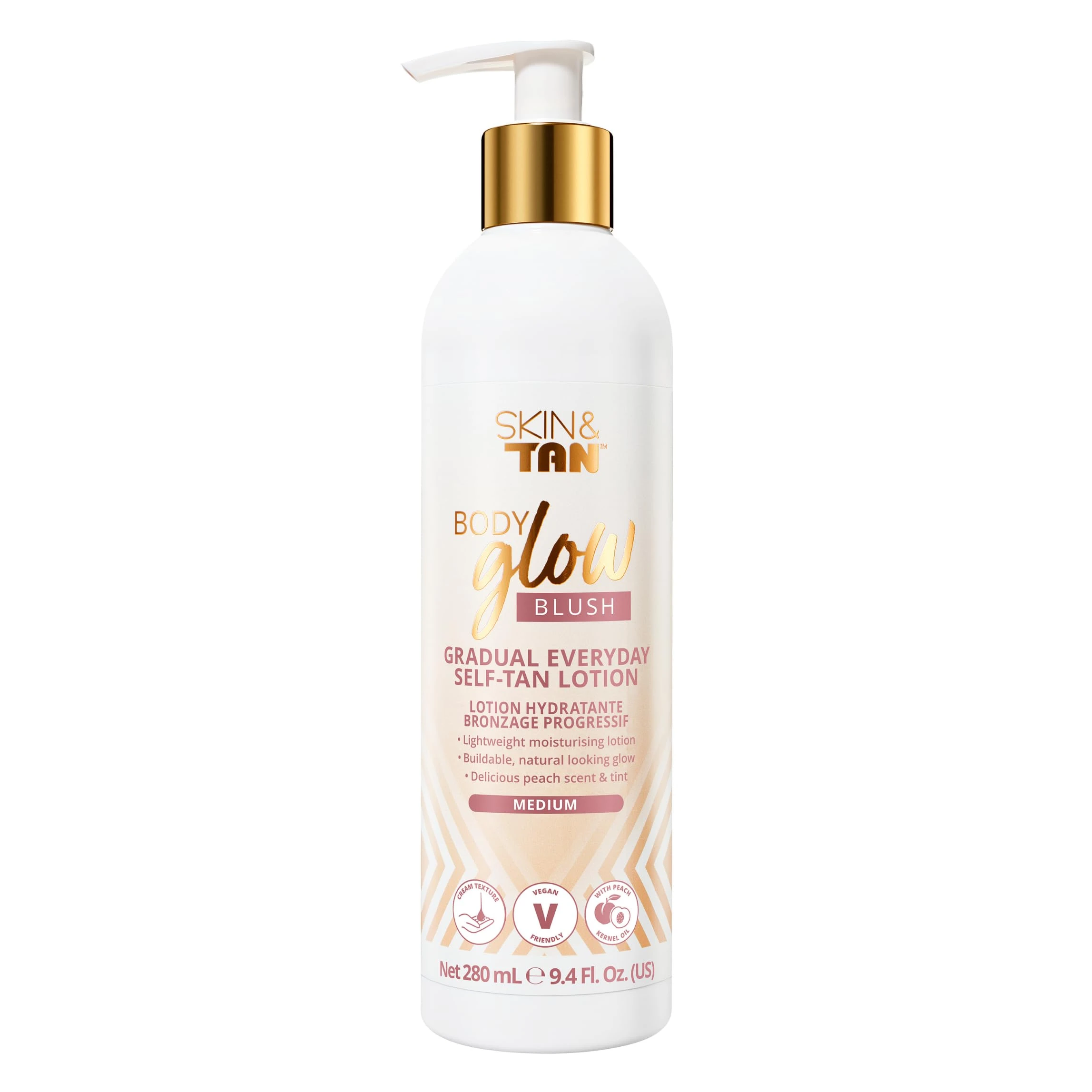 Skinny Tan Body Glow Blush Moisturising Gradual Tan Lotion Delicious Peach Scent with Skin Illuminating Shimmer Tint 280ml