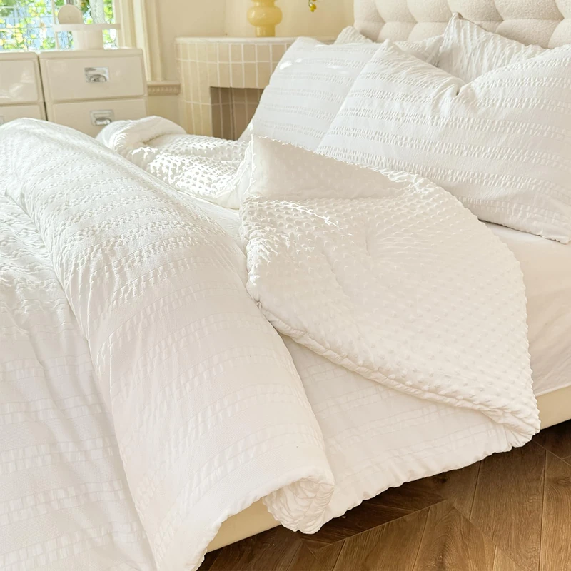 tohrisa Boho Comforter Set Full Size Striped Pleats Bohemian Seersucker Bedding Set All Season Soft Cozy 3 Pieces Quilt with 2 Pillowcases(80"X90" White)