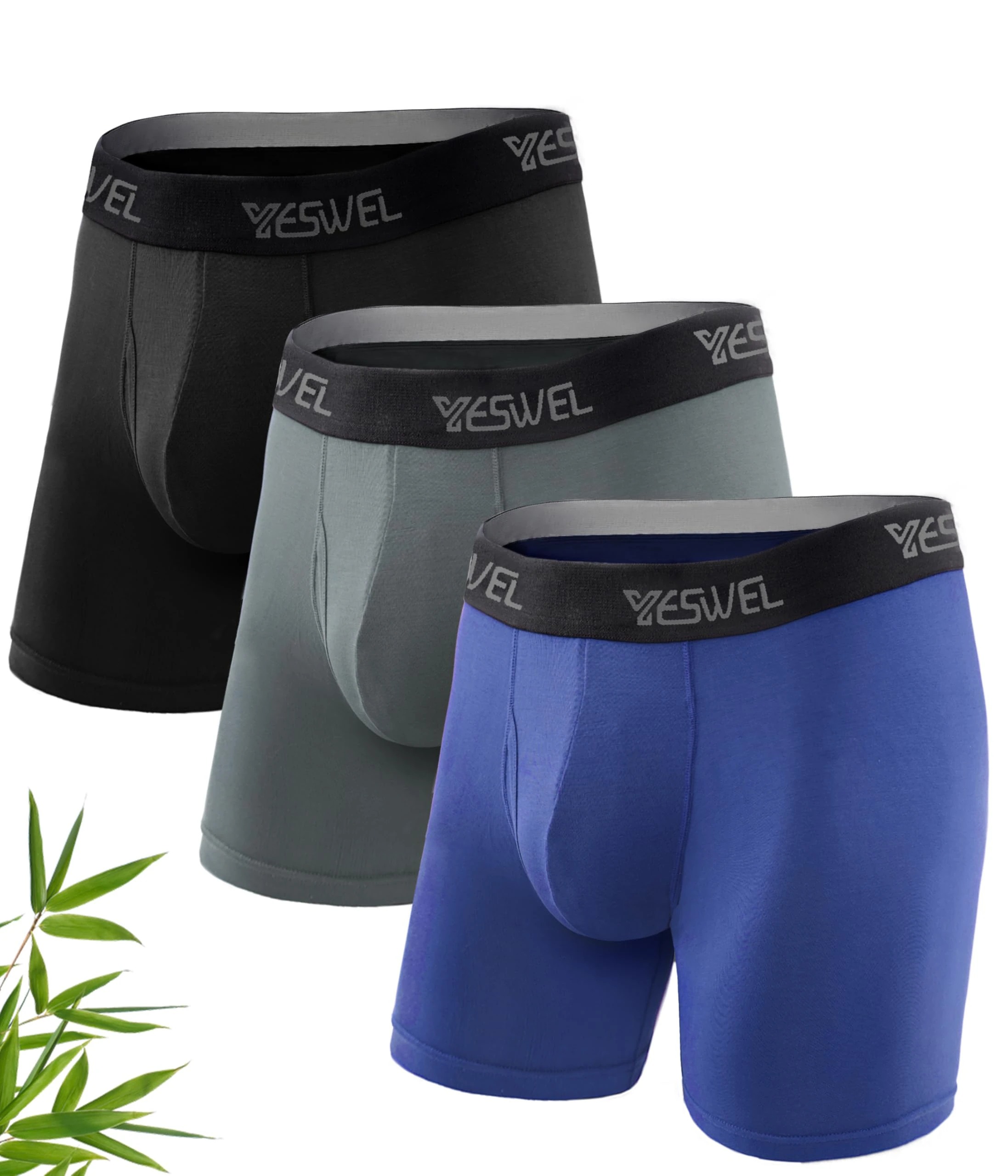 YESWEL Bamboo Boxers Mens XXL, Longer Leg Boxer Shorts with Fly, Anti - Chafing Underwear Trunks Multipack, No Itchy Labels Underpants Pack of 3 Multicolor (Black Navy Grey)