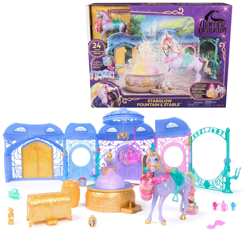 Unicorn Academy, Starglow Fountain & Stable Playset with Wildstar, Lights and Sounds, 24 Accessories, Dolls and Unicorn Toys for Girls Aged 4 and up