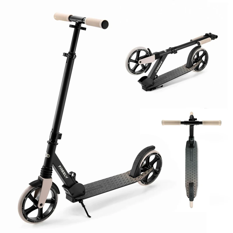 Kinderkraft FREELY up to 100 kg, Scooter, Foldable Scooter, for Children from 5 years and Adults, large 20 cm PU Wheels, Adjustable Handlebar height from 82 cm to 105 cm, Beige