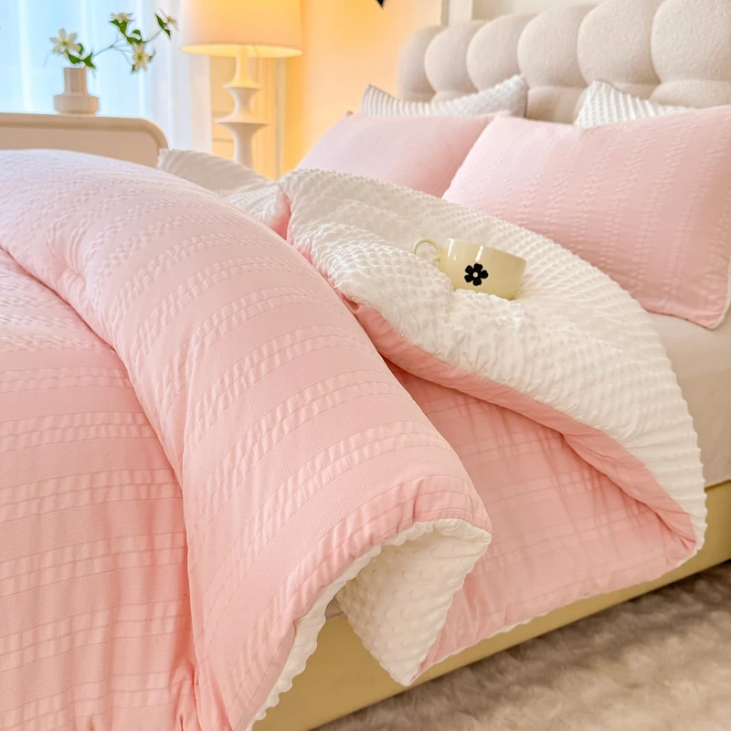 tohrisa Boho Comforter Set Twin Size Striped Pleats Bohemian Seersucker Bedding Set All Season Soft Cozy 2 Pieces Quilt with 1 Pillowcase(68"X90" Light Pink)