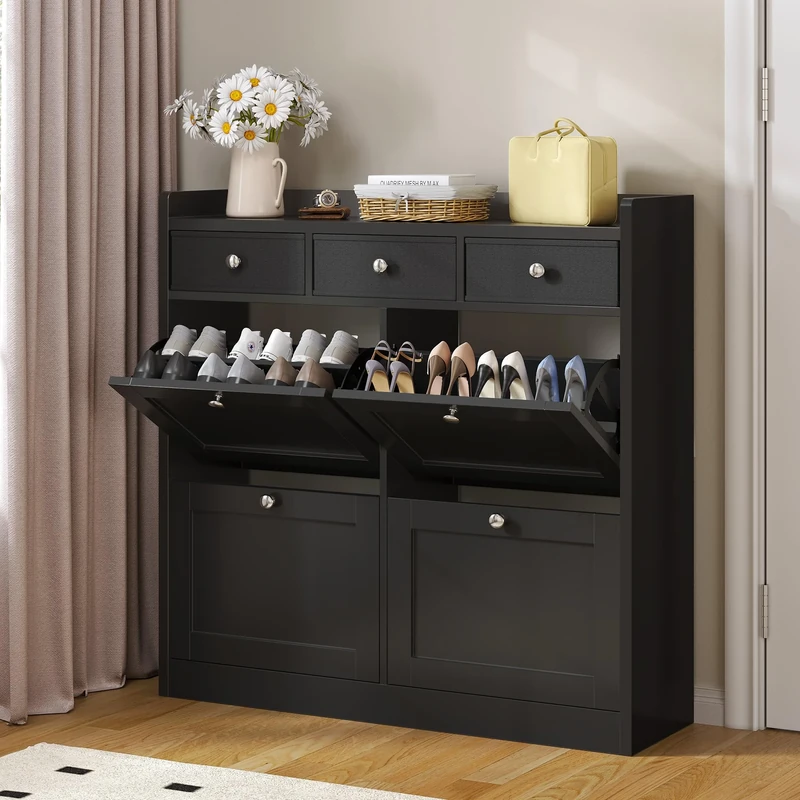 YITAHOME 4 Drawer Shoe Cabinet, Space Saving Shoe Storage Cabinet with 4 Flip Drawers and 3 Fabric Drawer Adjustable and Removable Divider for 24 Pairs of Shoes for Hallways and Living Room, Black