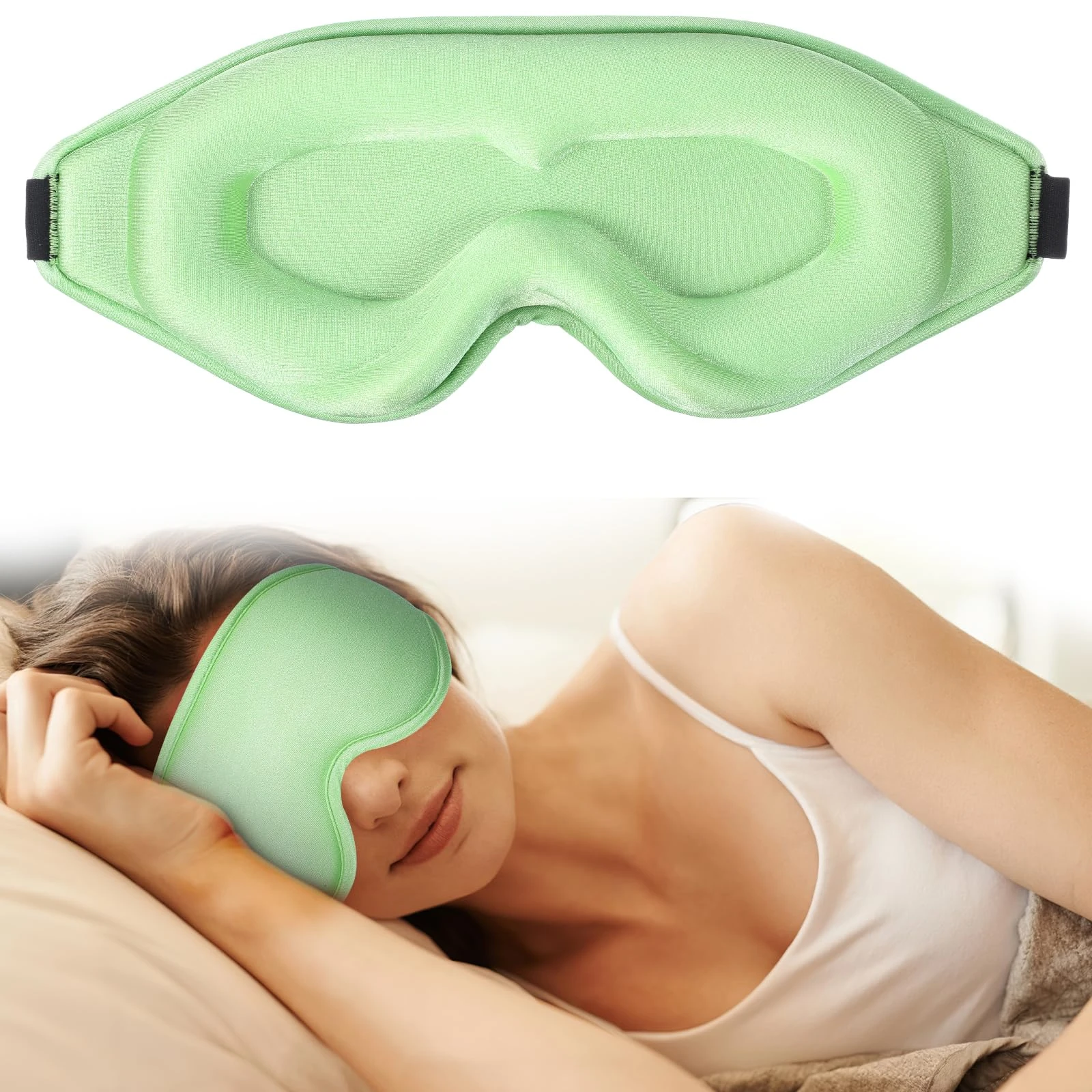 WLLHYF Silk Sleep Mask, 3D Stereo Deep Sleep Eye Mask Comfortable Adjustable Cute Block Out Light Eye Covers for Man and Woman All Night Sleep (Light Green)