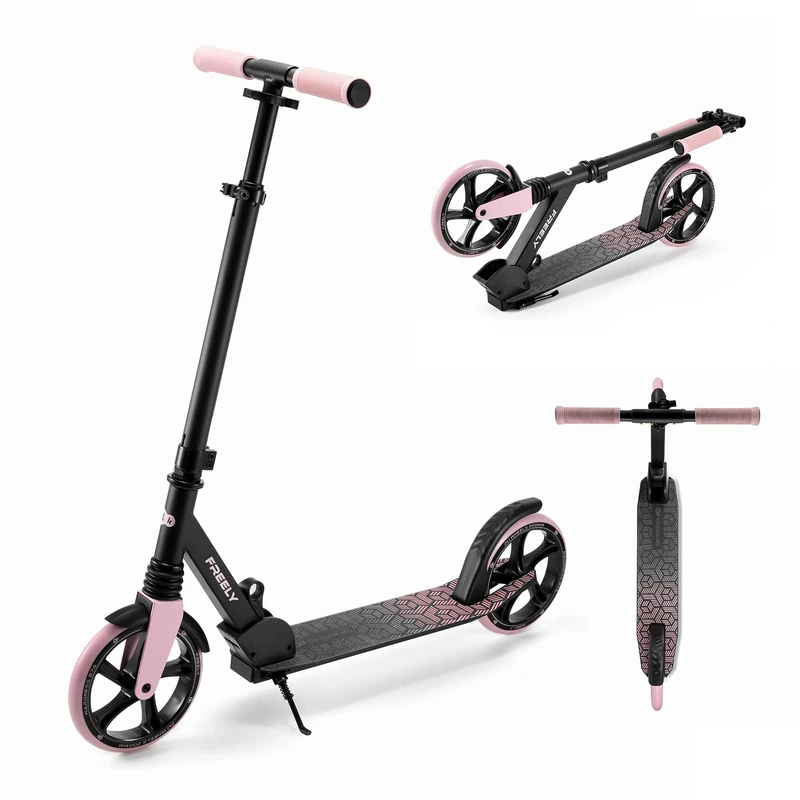 Kinderkraft FREELY up to 100 kg, Scooter, Foldable Scooter, for Children from 5 years and Adults, large 20 cm PU Wheels, Adjustable Handlebar height from 82 cm to 105 cm, Pink
