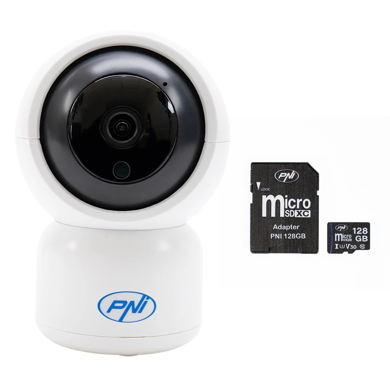 PNI IP390T 1080P video surveillance camera package with PTZ WiFi H264 128GB MicroSD memory card with SD adapter