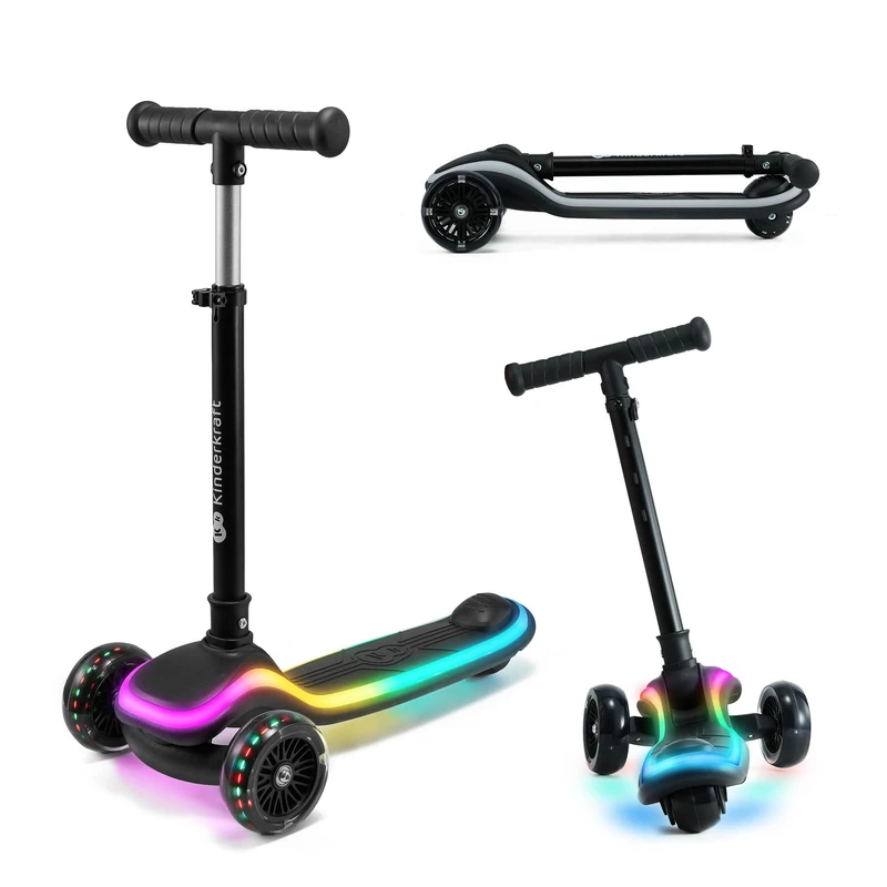 Kinderkraft RAKET LED scooter for children 2+, 3-wheel design, balance steering, RGB wheels, LED platform, adjustable height, PU wheels, foldable and durable, Black - Image 1