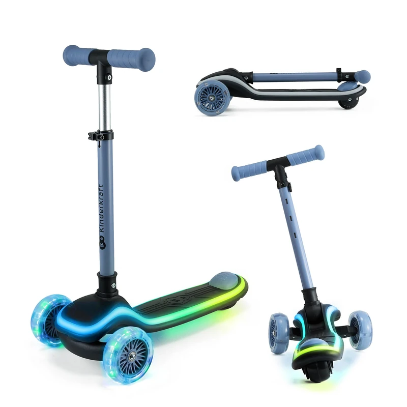 Kinderkraft RAKET LED scooter for children 2+, 3-wheel design, balance steering, RGB wheels, LED platform, adjustable height, PU wheels, foldable and durable, Blue