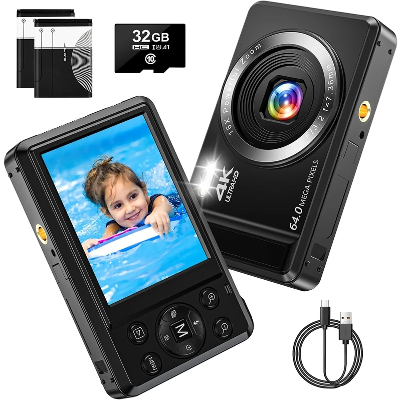 4K 64 MP Digital Camera Portable Mini - Rechargeable UHD Autofocus with 16x Digital Zoom, 32GB Card and 2 Batteries for Beginners, Kids, and Teenagers, Boys, and Girls