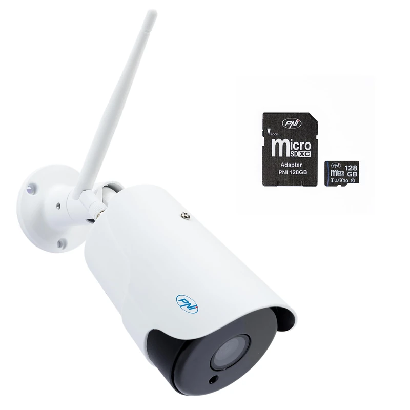 PNI House IP52LR 2MP 1080P Wireless Video Surveillance Camera Package with IP 128GB MicroSD Memory Card with SD Adapter