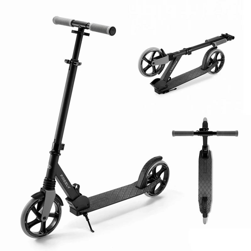 Kinderkraft FREELY up to 100 kg, Scooter, Foldable Scooter, for Children from 5 years and Adults, large 20 cm PU Wheels, Adjustable Handlebar height from 82 cm to 105 cm, Black