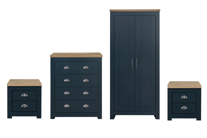 Birlea Navy Wooden 4 Piece Furniture Set Wardrobe Chest of Drawers Bedsides Highgate
