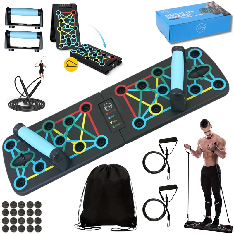 Xuza Push Up Board with Jump Rope | Multi-function Foldable Portable Press Up Board - Ultimate Home Gym Set, Storage Bag, Resistance Bands & Workout Guide - Great Gift for Men & Women