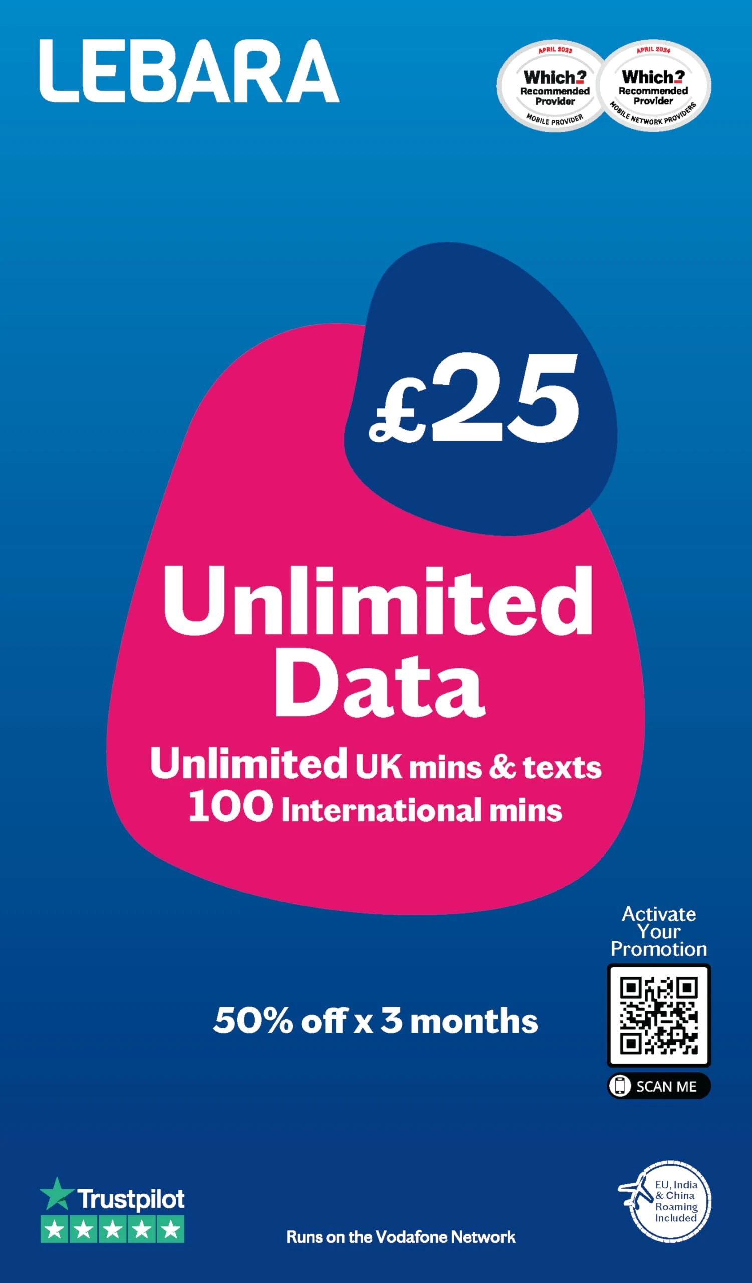 Lebara SIM Card, Unlimted Data SIM for £12.50, Half Price for First 3 Months, No Contract, UK Calls, UK Texts and International Calls Included, Multi-size, Fits All Devices