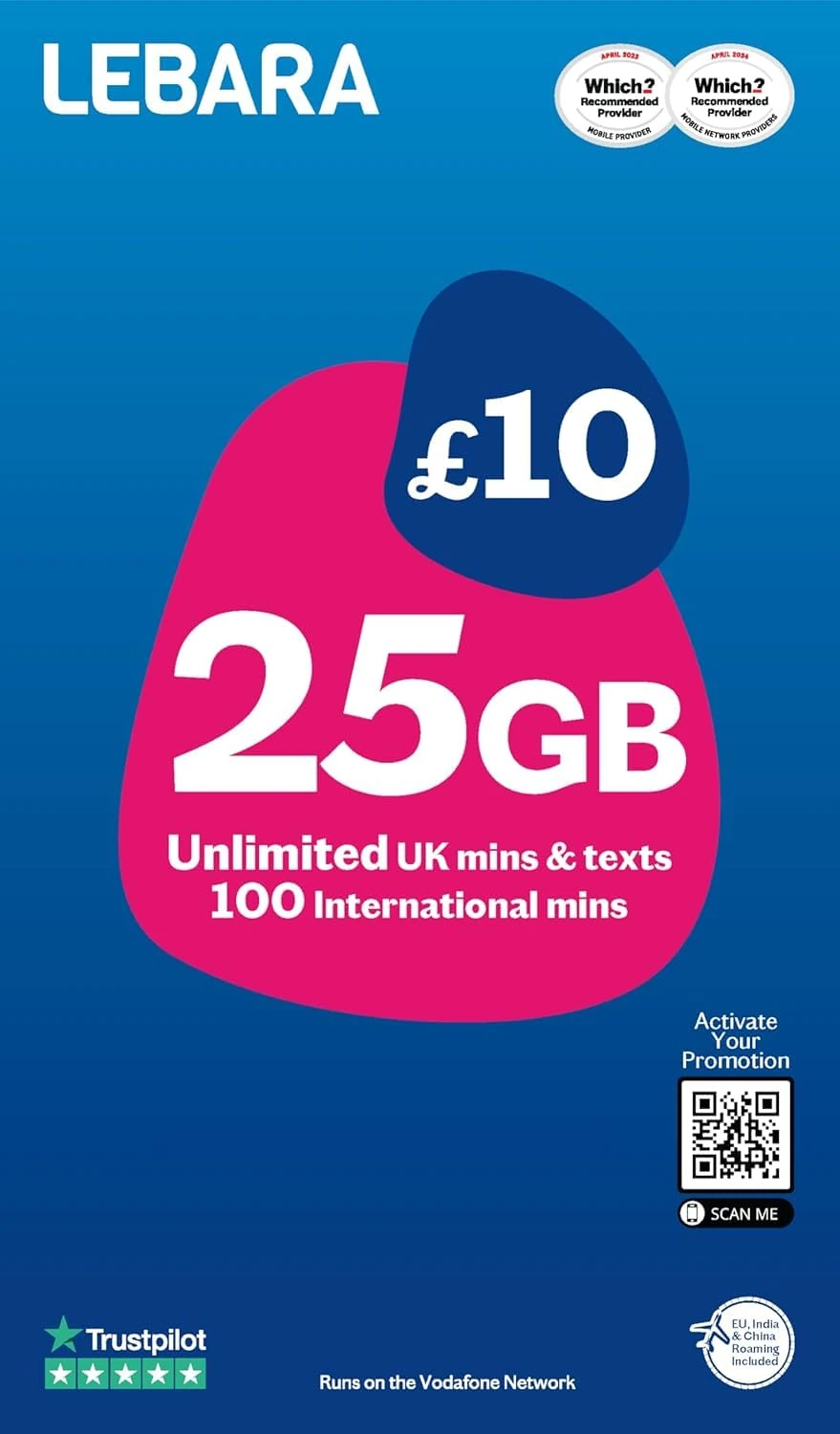 Lebara SIM Card: 25GB for £5, Half Price for First 3 Months, No Contract, UK Calls, UK Texts and International Calls Included, Multi-size, Fits All Devices