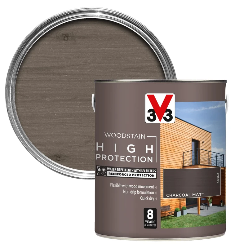 V33 High Protection Woodstain - 8-Year Guarantee - UV Filters - Water-Repellent - Quick-Drying - Only 2 Coats - Charcoal Grey Matt 2.5 litres