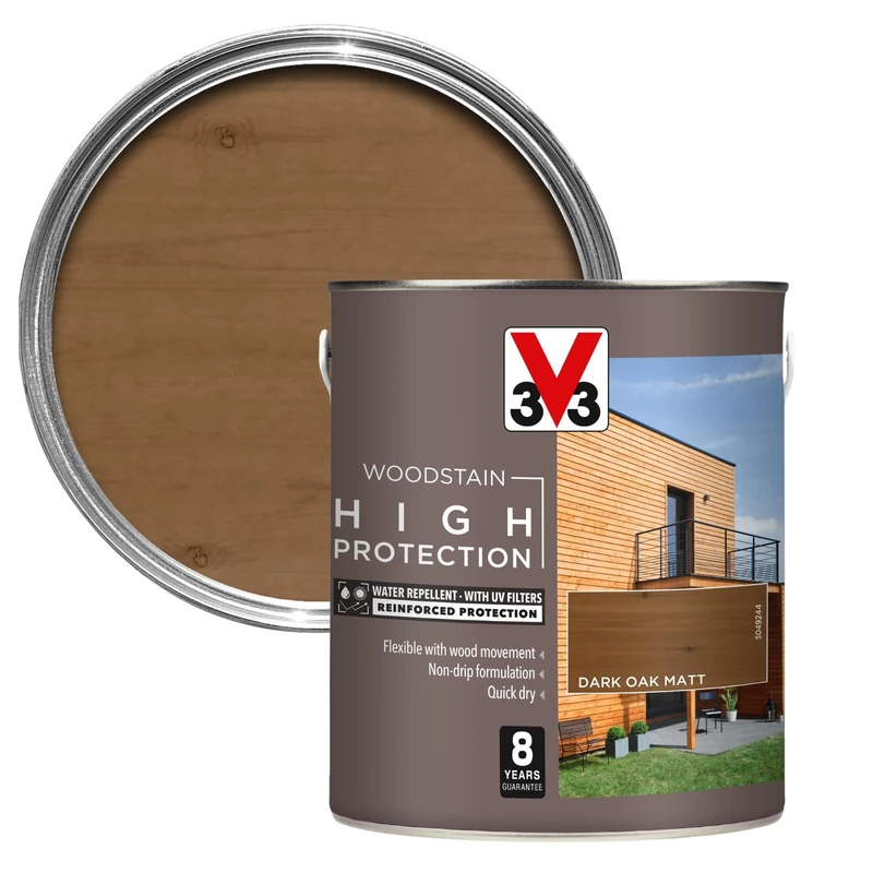 V33 High Protection Woodstain - 8-Year Guarantee - UV Filters - Water-Repellent - Quick-Drying - Only 2 Coats - Dark Oak Matt 2.5 litres
