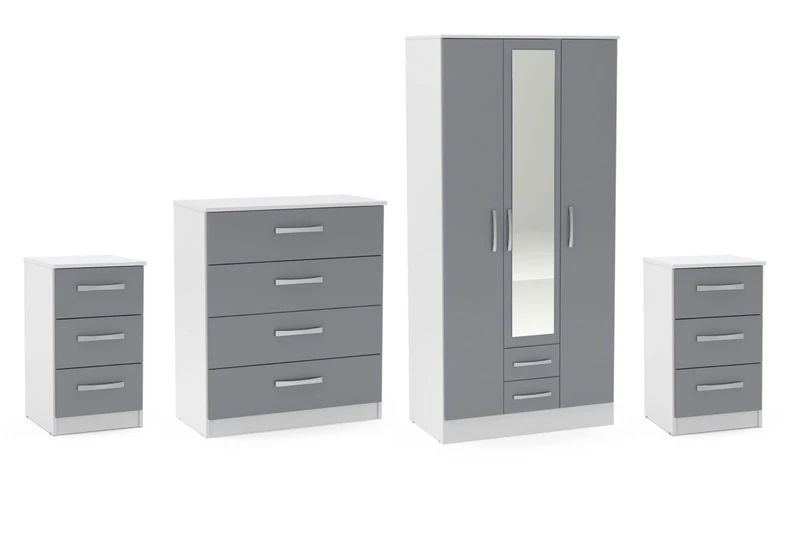 Birlea White and Grey Wooden 4 Piece Furniture Set Wardrobe Chest of Drawers Bedsides Lynx