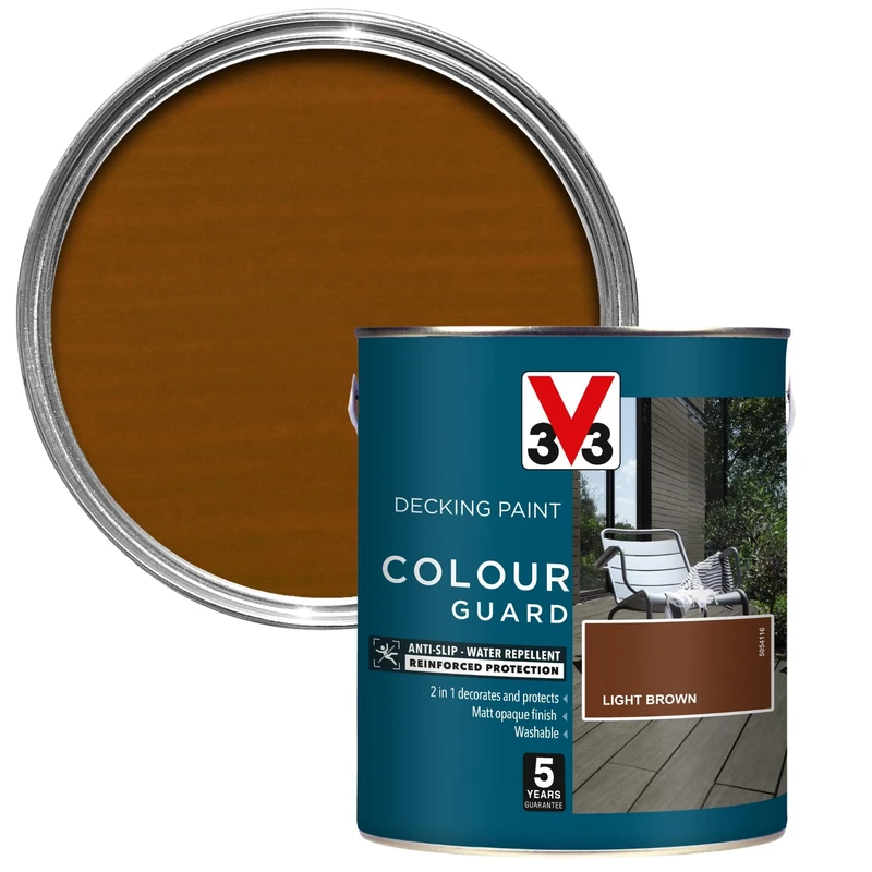 V33 Colour Guard Decking Paint - 5-Year Guarantee - Anti-Slip - UV-Resistant - Light Brown 2.5 Litres