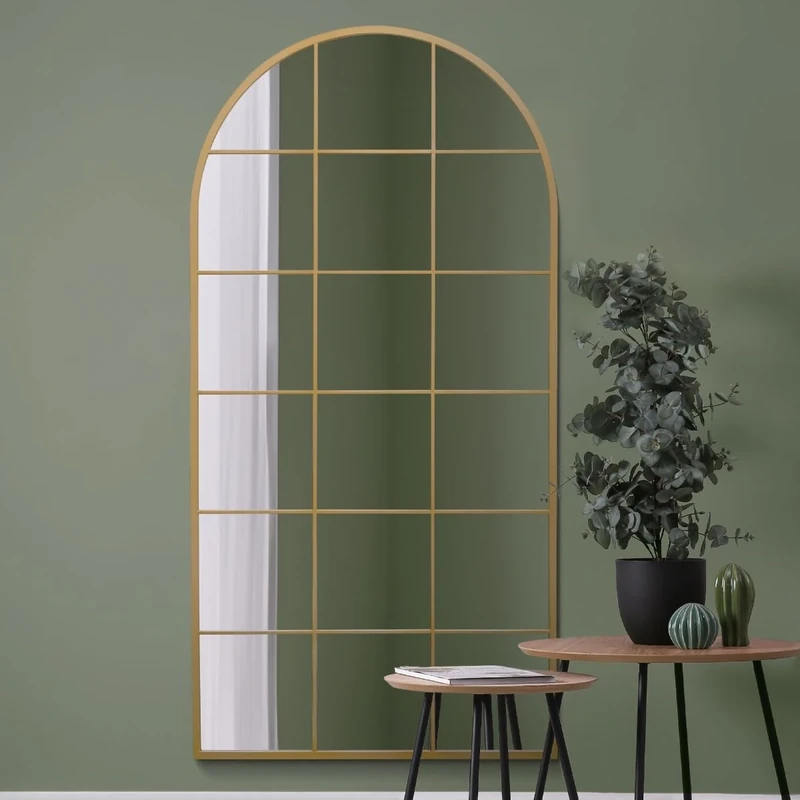MirrorOutlet The Fenarc - Gold Metal Framed Modern Arched Wall Leaner WIndow Mirror 71" X 35" (180CM X 90CM) Black. 2cm Wide Frame and 3cm Deep. Perfect for Home and Garden