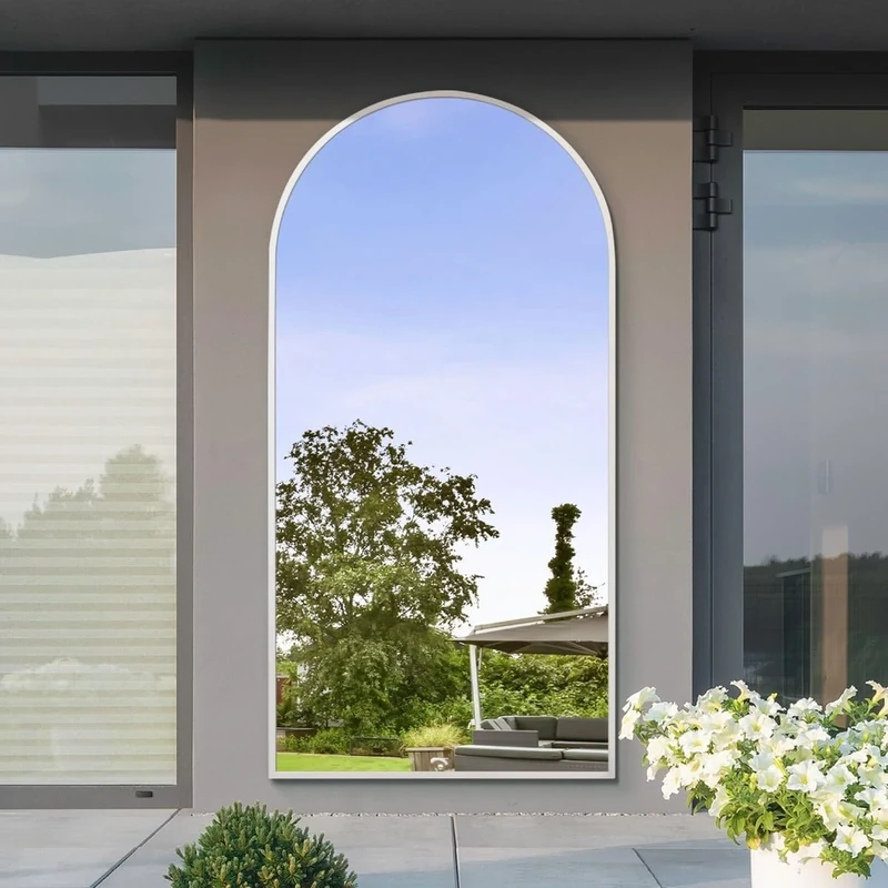 MirrorOutlet The Arcus - White Framed Modern Full Length Arched Leaner Wall Garden Mirror 79" X 39" (200CM X 100CM) Silver Mirror Glass with Black All weather Backing.